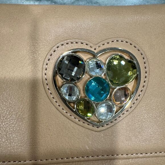 Lovcat Tan Wristlet with Gold Heart Crystal Embellishment Slim and Sleek - Picture 3 of 8